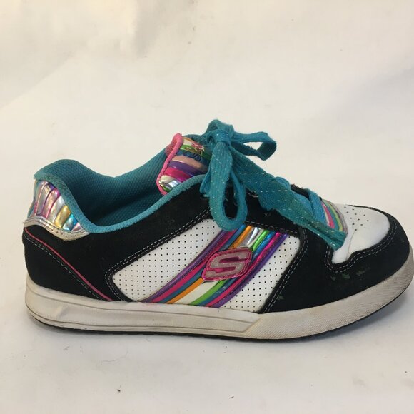 Skechers Running Shoes Sneakers Size 2 Girls Leather Rainbow Black Metallic - Picture 1 of 15